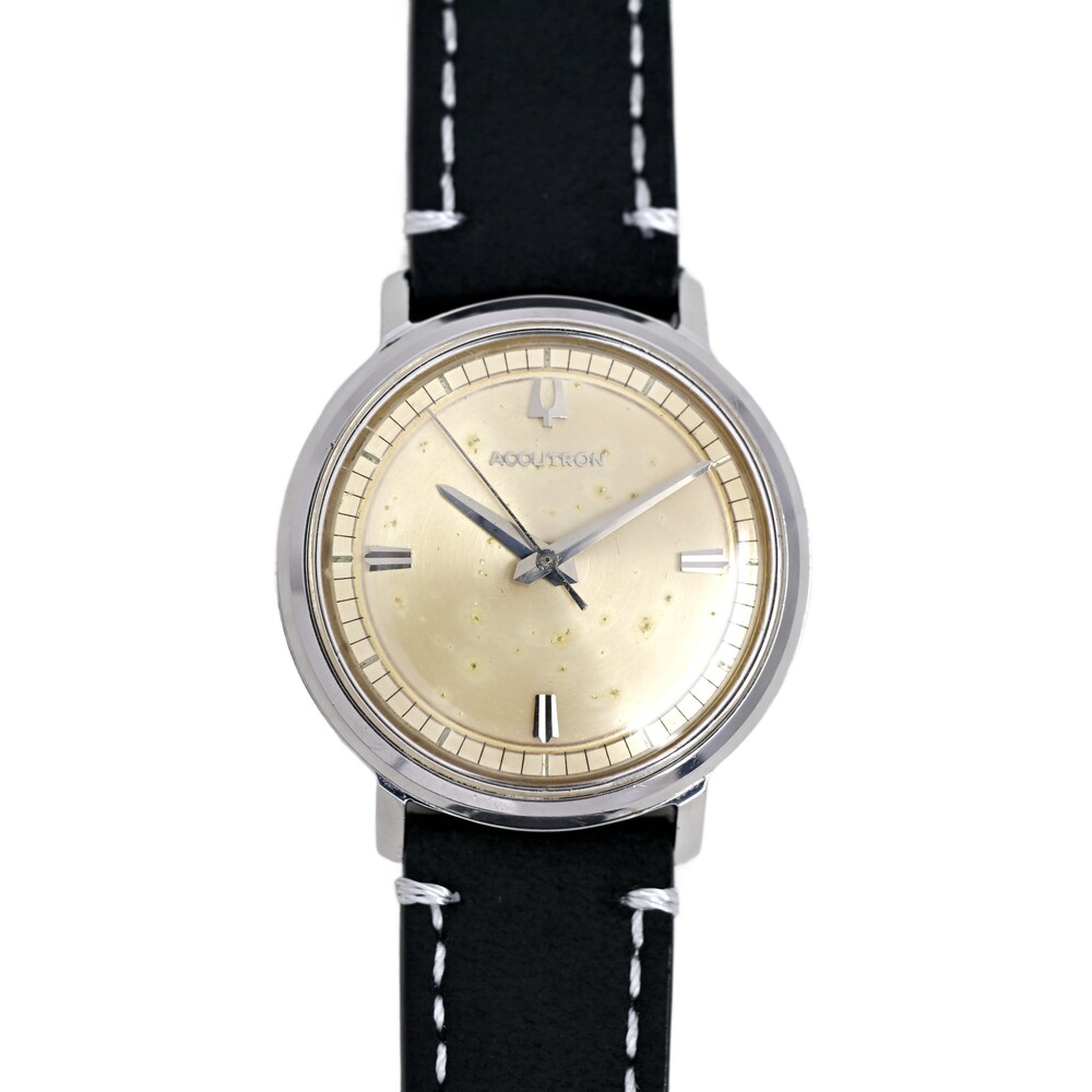 Accutron Vintage 1963 Men's Tuning Fork Stainless Steel Watch Black Leather